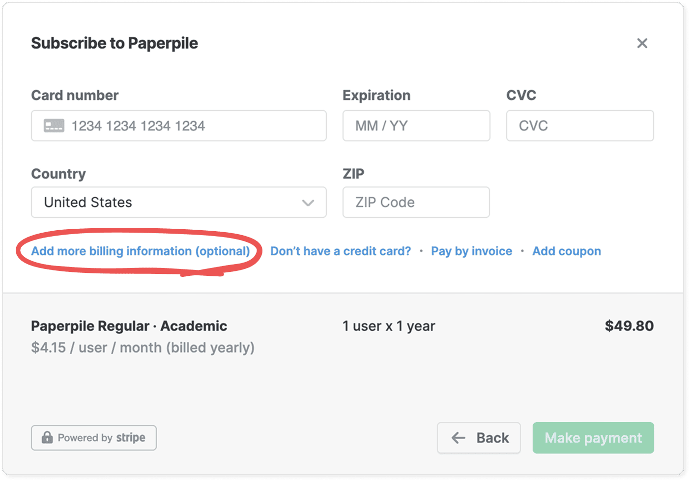 The “Subscribe to Paperpile” dialog with card number, expiration, CVC, country and ZIP fields, the circled “Add more billing information (optional)” link, and a Paperpile Regular · Academic summary of $49.80 for one user for a year.
